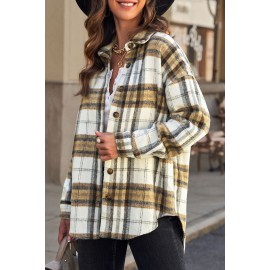 Khaki Plaid Lapel Hem Slit Loose Coat