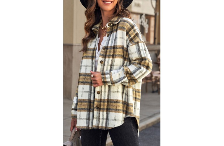 Khaki Plaid Lapel Hem Slit Loose Coat