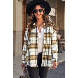 Khaki Plaid Lapel Hem Slit Loose Coat