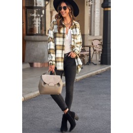 Khaki Plaid Lapel Hem Slit Loose Coat