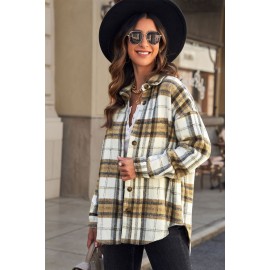 Khaki Plaid Lapel Hem Slit Loose Coat