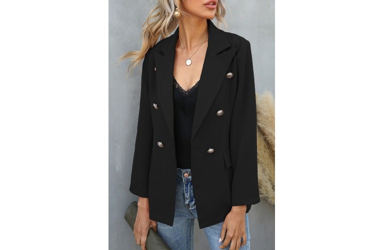 Black Double Breasted Lapel Long Sleeve Blazer