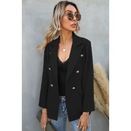 Black Double Breasted Lapel Long Sleeve Blazer