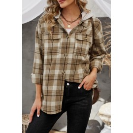 Khaki Plaid Shirt Hooded Coat