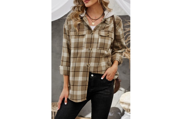 Khaki Plaid Shirt Hooded Coat