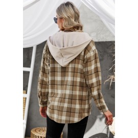 Khaki Plaid Shirt Hooded Coat