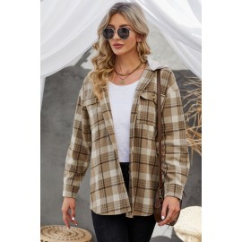 Khaki Plaid Shirt Hooded Coat