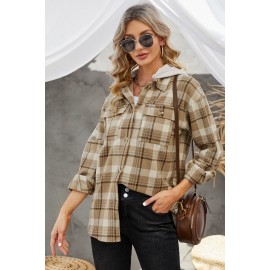 Khaki Plaid Shirt Hooded Coat