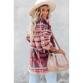 Plaid Print Pocket Buttoned Fleece Coat