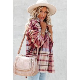 Plaid Print Pocket Buttoned Fleece Coat