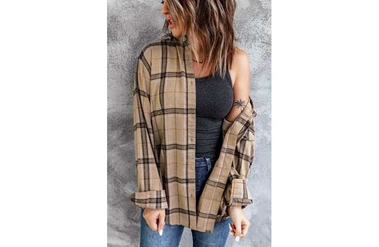 Brown Button-up Long Sleeve Plaid Shacket