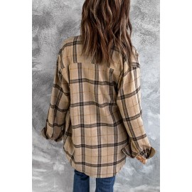 Brown Button-up Long Sleeve Plaid Shacket