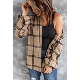 Brown Button-up Long Sleeve Plaid Shacket