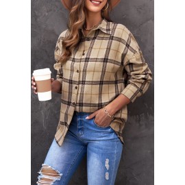 Brown Button-up Long Sleeve Plaid Shacket