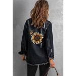 Sunflower Print Distressed Pocket Raw Hem Denim Jacket