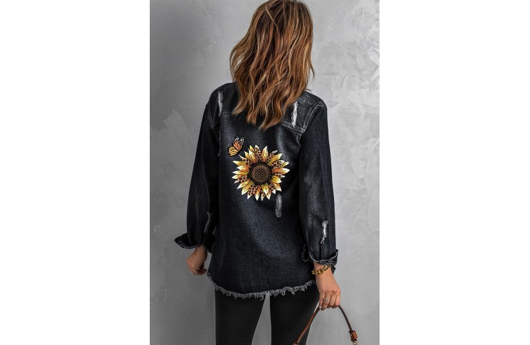 Sunflower Print Distressed Pocket Raw Hem Denim Jacket