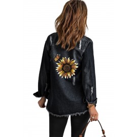 Sunflower Print Distressed Pocket Raw Hem Denim Jacket