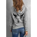 Floral Ox Head Print Zip-up Long Sleeve Hooded Coat