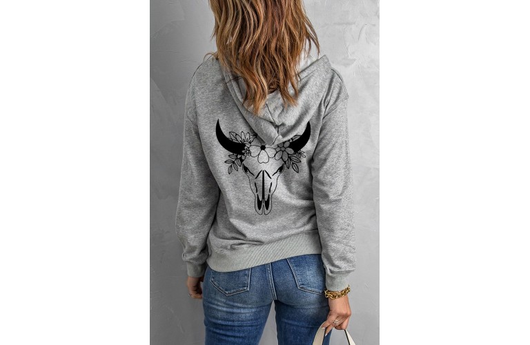 Floral Ox Head Print Zip-up Long Sleeve Hooded Coat