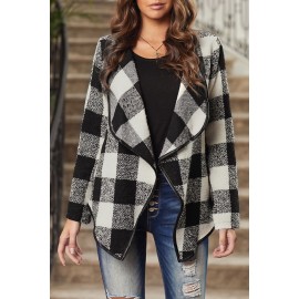 Black Plaid Long Sleeve Asymmetric Collar Open Front Coat