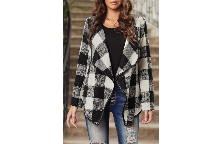 Black Plaid Long Sleeve Asymmetric Collar Open Front Coat