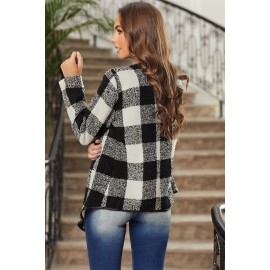 Black Plaid Long Sleeve Asymmetric Collar Open Front Coat