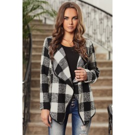 Black Plaid Long Sleeve Asymmetric Collar Open Front Coat