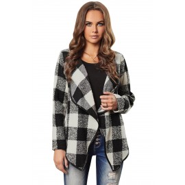 Black Plaid Long Sleeve Asymmetric Collar Open Front Coat