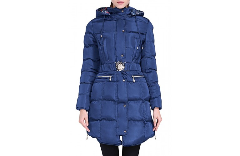 Blue Cotton Quilted Longline Hooded Coat