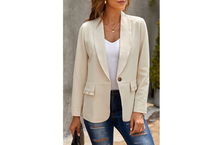 Beige Lapel Collar Button Pocket Blazer