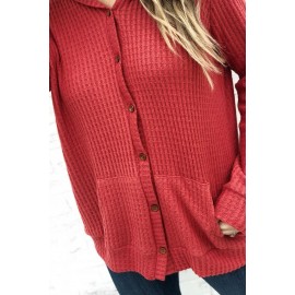 Red Open Front Pocket Button Knit Cardigan Coat