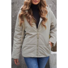 Beige Zipper Hooded Coat with Pocket