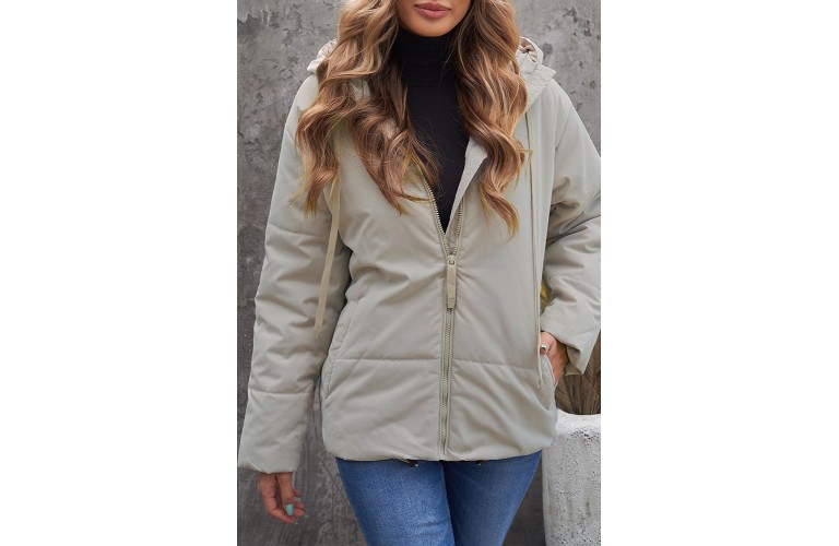 Beige Zipper Hooded Coat with Pocket