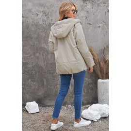 Beige Zipper Hooded Coat with Pocket