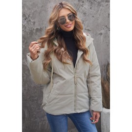 Beige Zipper Hooded Coat with Pocket