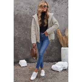 Beige Zipper Hooded Coat with Pocket