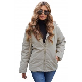 Beige Zipper Hooded Coat with Pocket