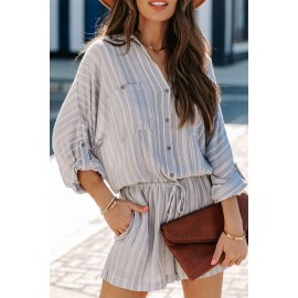 Gray Striped Long Sleeve Shirt Romper