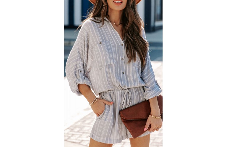 Gray Striped Long Sleeve Shirt Romper