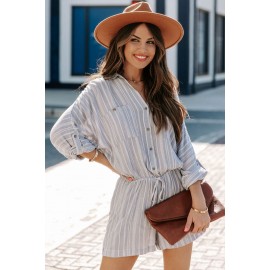 Gray Striped Long Sleeve Shirt Romper