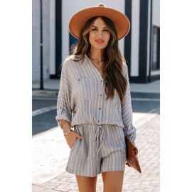 Gray Striped Long Sleeve Shirt Romper