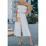 Beige Ruffled Strapless Wide Leg Jumpsuit