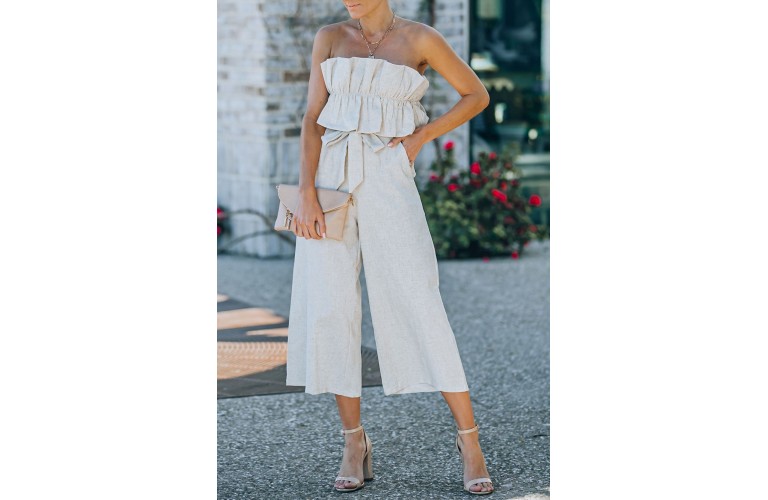 Beige Ruffled Strapless Wide Leg Jumpsuit