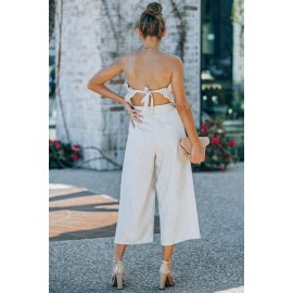 Beige Ruffled Strapless Wide Leg Jumpsuit