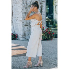 Beige Ruffled Strapless Wide Leg Jumpsuit