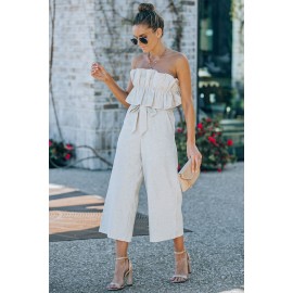 Beige Ruffled Strapless Wide Leg Jumpsuit