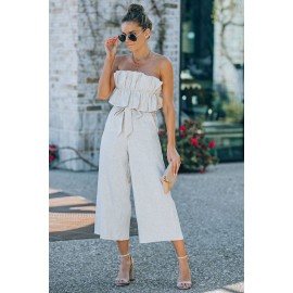 Beige Ruffled Strapless Wide Leg Jumpsuit