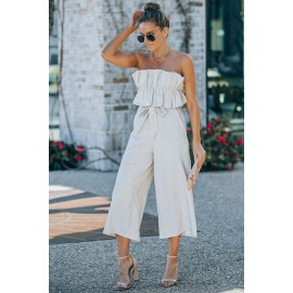 Beige Ruffled Strapless Wide Leg Jumpsuit