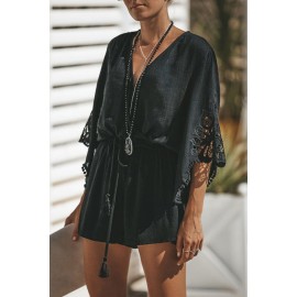 Black Crochet Lace V Neck Bell Sleeves Romper