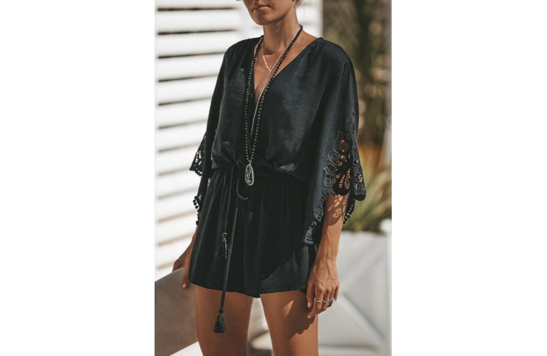 Black Crochet Lace V Neck Bell Sleeves Romper